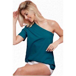 Teal Green One Shoulder Cotton T Shirt Tee Tunic Top